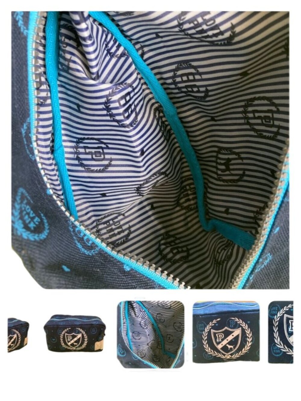New Vtg PINK Victorias Secret Blue University Crest Logo Travel Cosmetic  Bag - Picture 2 of 7